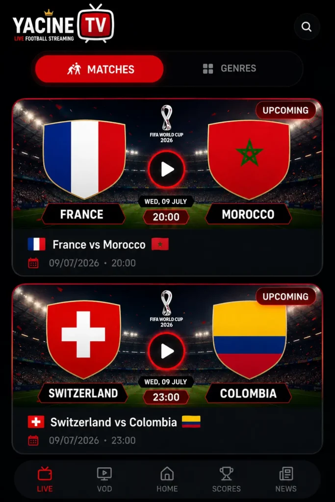 Yacine TV dashboard showing the app interface and available content