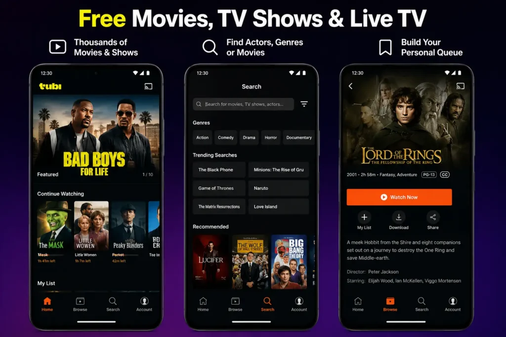 Tubi TV APK screenshot showing the app interface on an Android device