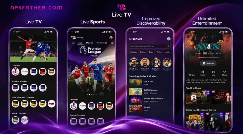 toffee apk Live TV streaming app with sports, movies, series, channels and entertainment screens