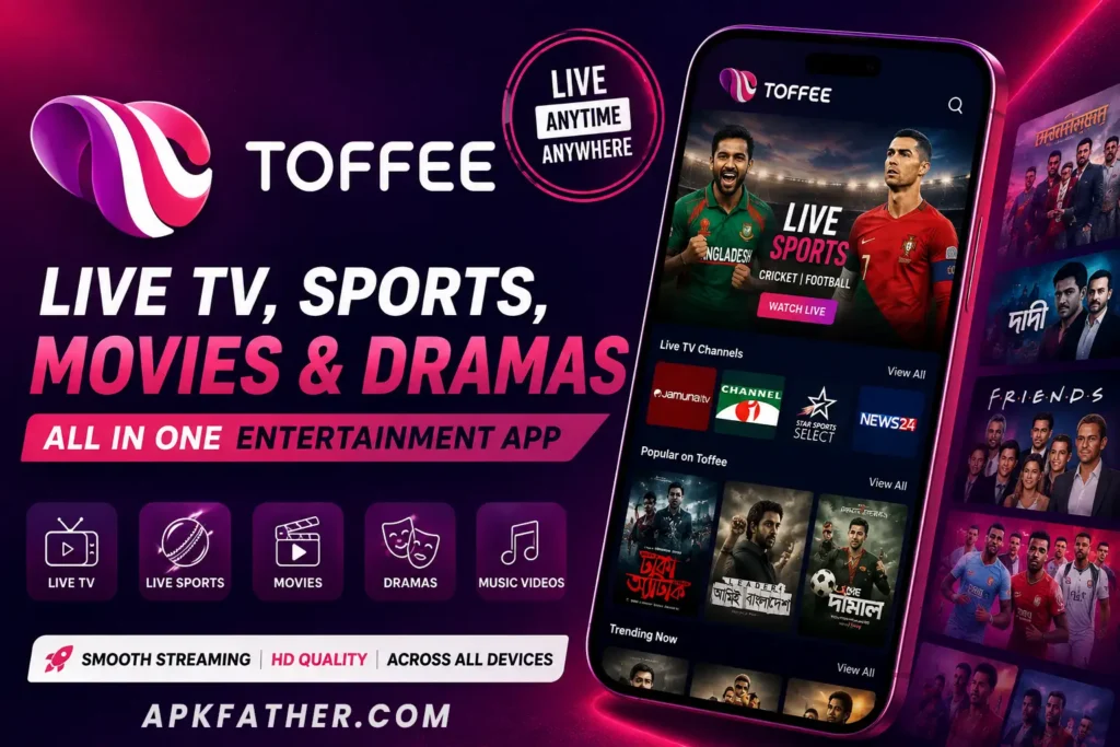 Toffee APK thumbnail featuring live TV, sports, movies, dramas, and a smartphone streaming interface
