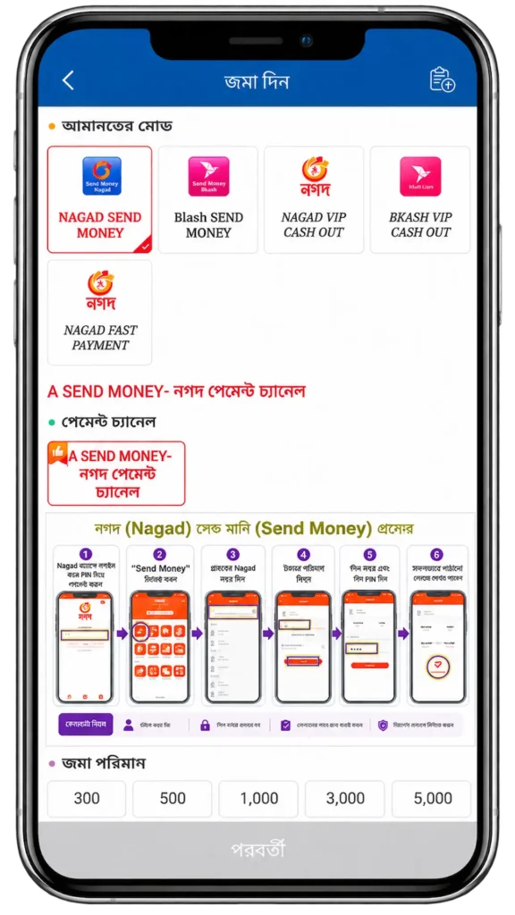 TK1971 deposit screen showing Nagad and bKash payment methods, send money and cash-out options, a step-by-step Nagad deposit tutorial, and selectable deposit amounts.